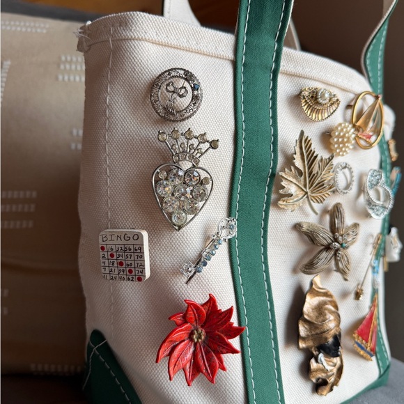 L.L. Bean Boat And Tote - Upcycled with Vintage Brooches - Small Dark Green - Picture 2 of 10
